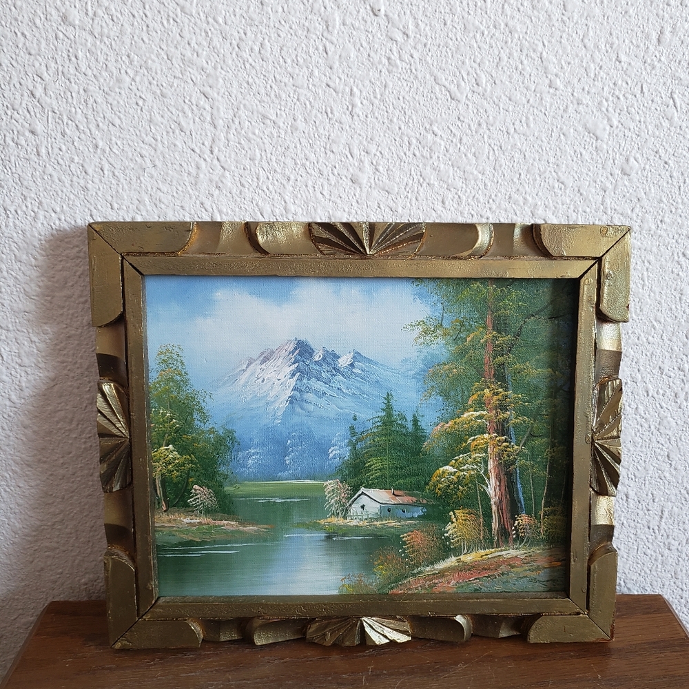 ##Original Art Landscape Picture Mountains Wooden Carved Picture Unmarked#